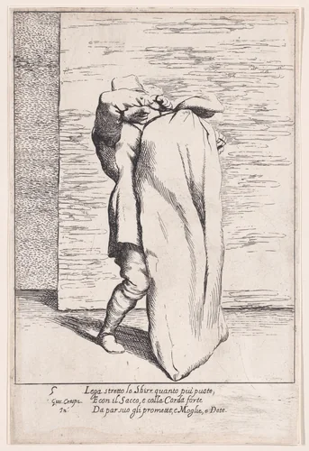 Plate 5: Bertoldo putting the jailor into the sack, from "Bertoldo, Bertoldino, and Cacasenno" by Giuseppe Maria Crespi, print, 1705-1715