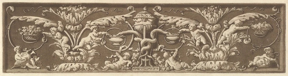 Ornamental frieze with putti and intertwined snakes, from Recueil de Différentes Compositions Frises et Ornements dessinées et gravées à la manière du lavis par La Grenée le Juene Se trouve chez l'Auteur, au Louvre et chez Basan, rue et Hôtel Serpente A Paris, in an album containing Recueil de Compositions par Lagrenée Le Jeune (Collection of Compositions by Lagrenée the Younger) by Jean Jacques Lagrenée, print, 1784