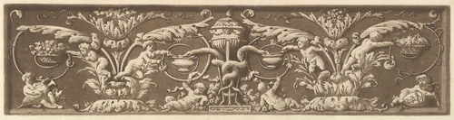 Ornamental frieze with putti and intertwined snakes, from Recueil de Différentes Compositions Frises et Ornements dessinées et gravées à la manière du lavis par La Grenée le Juene Se trouve chez l'Auteur, au Louvre et chez Basan, rue et Hôtel Serpente A Paris, in an album containing Recueil de Compositions par Lagrenée Le Jeune (Collection of Compositions by Lagrenée the Younger) by Jean Jacques Lagrenée, print, 1784