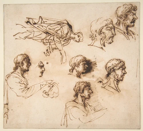 Studies of a Man's Head in Profile, and of a Standing Male Figure by Salvator Rosa, drawing, 1615-1673