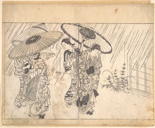 A Lady with Three Attendants in the Rain by Nishikawa Sukenobu (西川祐信), print, 1731