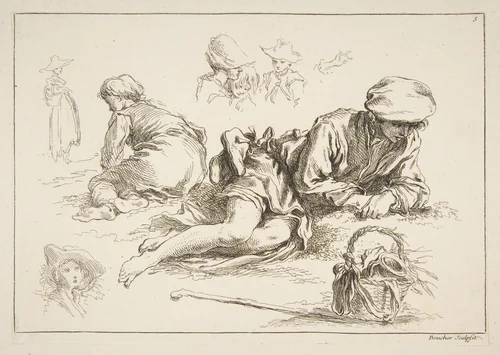 Sheet of Sketches, from "Livre d’étude d’après les desseins originaux de Blomart" by François Boucher, print, 1735