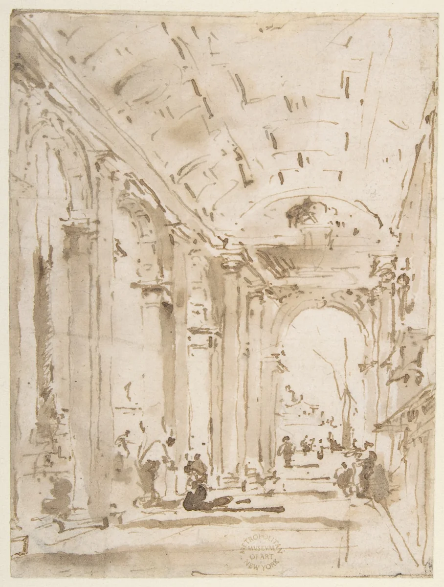 The Arcade of the Libreria, Looking Toward San Giorgio Maggiore by Francesco Guardi, drawing, 1712-1793