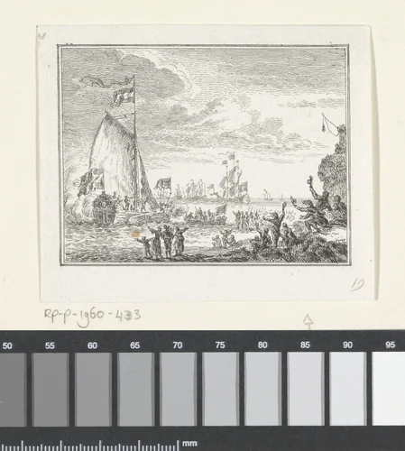 Uitvarende vloot wordt uitgezwaaid by Simon Fokke, print, 1722-1784