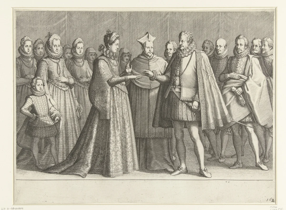 Huwelijk van Ferdinando I de' Medici met Christina van Lotharingen by Jacques Callot, print, 1614-1620