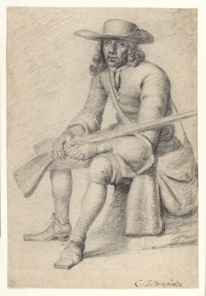 A Seated Huntsman by Gerard ter Borch, drawing, 1672