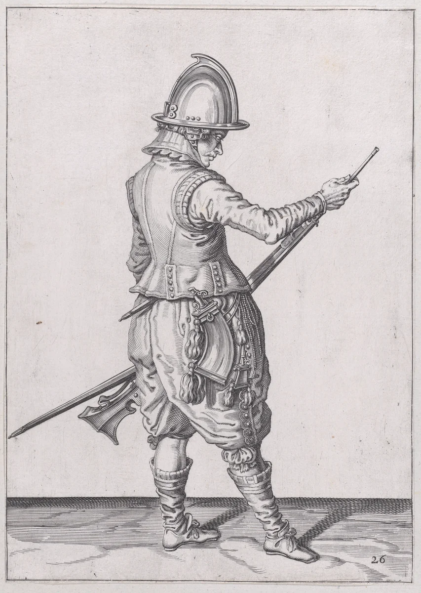 A soldier ramming home powder and bullet with the ramrod, from the Marksmen series, plate 26, in Waffenhandlung von den Rören Musquetten undt Spiessen / Wapenhandelinghe van Roers Musquetten ende Spiessen (The Exercise of Arms) by Jacques de Gheyn II, print, 1608
