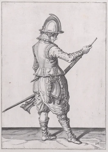 A soldier ramming home powder and bullet with the ramrod, from the Marksmen series, plate 26, in Waffenhandlung von den Rören Musquetten undt Spiessen / Wapenhandelinghe van Roers Musquetten ende Spiessen (The Exercise of Arms) by Jacques de Gheyn II, print, 1608