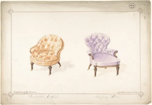 Designs for Two Chairs by Charles Hindley and Sons, drawing, 1841-1884