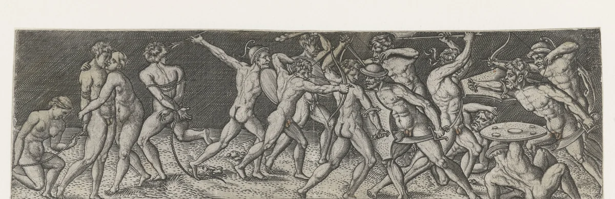 Gevecht tussen elf soldaten by Monogrammist AC, print, 1520-1562