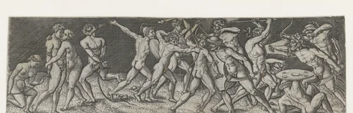 Gevecht tussen elf soldaten by Monogrammist AC, print, 1520-1562