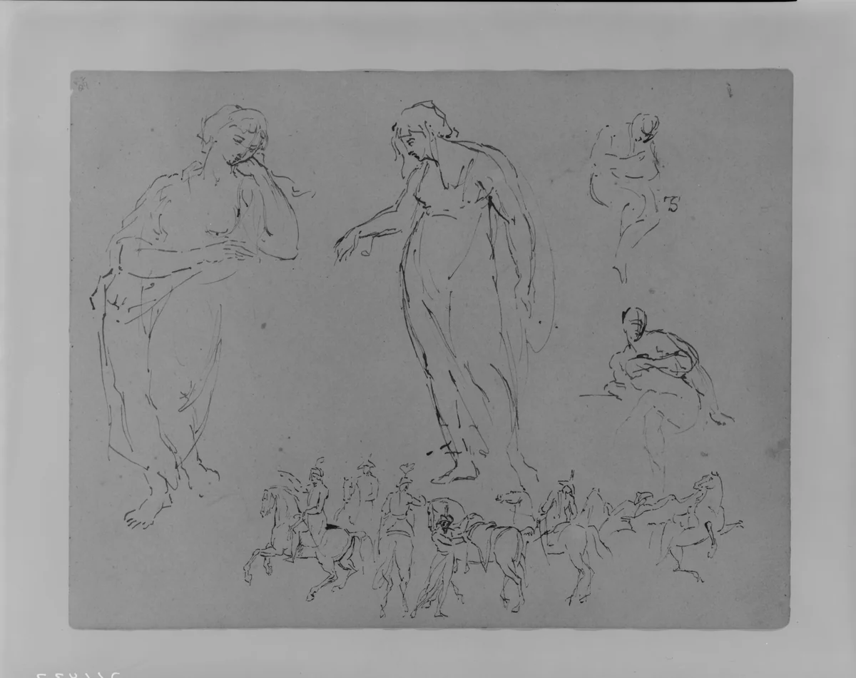 Four Draped Figures; Six Equestrian Figures (from Sketchbook) by Thomas Sully, artwork, 1810-1820