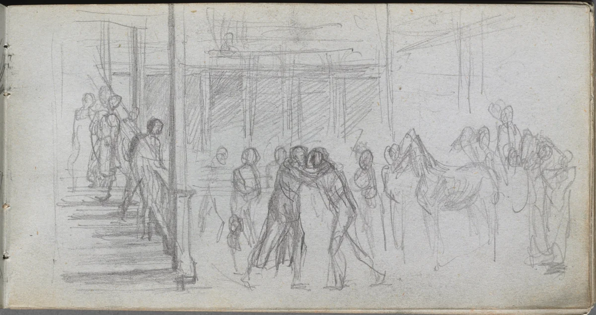 Sketchbook, page 62: Figure Study, Stairway, Horse by Ernest Meissonier, book, 1860-1869
