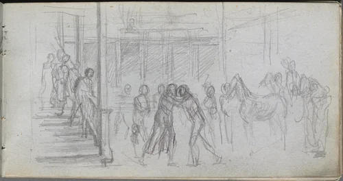 Sketchbook, page 62: Figure Study, Stairway, Horse by Ernest Meissonier, book, 1860-1869