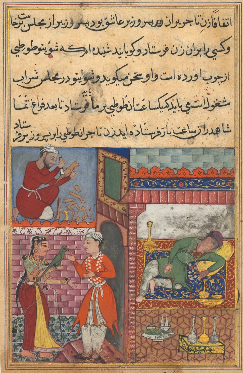 The vizier’s son receives the magic wooden parrot from the wife of the merchant, who is drunk, and has a replica made by a carpenter, from a Tuti-nama (Tales of a Parrot): Tenth Night by Lalu, painting, 1555-1565
