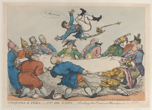 Friends and Foes–Up He Goes–Sending the Corsican Munchausen to St. Cloud's by Thomas Rowlandson, print, 1813