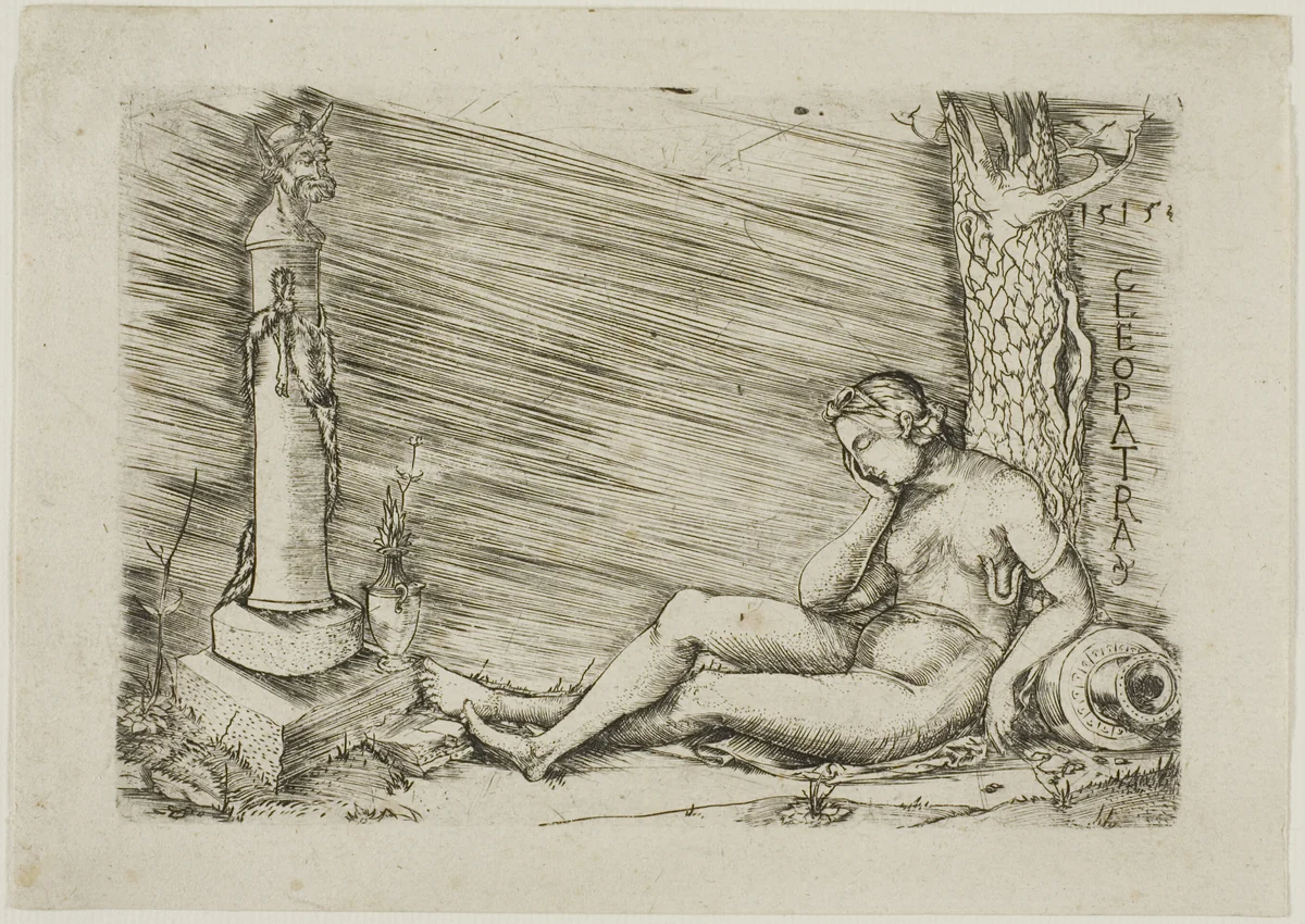 Cleopatra Lying at the Foot of a Tree, with a Term by Master of 1515, print, 1515
