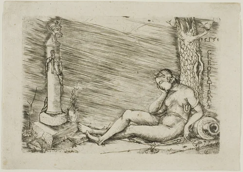 Cleopatra Lying at the Foot of a Tree, with a Term by Master of 1515, print, 1515