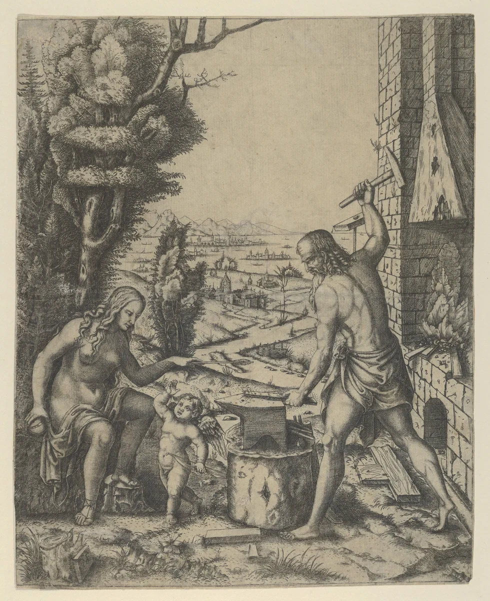 Venus at left holding a golden apple in her right hand and an arrow in her left, Vulcan at his forge beating a piece of iron on an anvil by Marcantonio Raimondi, print, 1500-1534