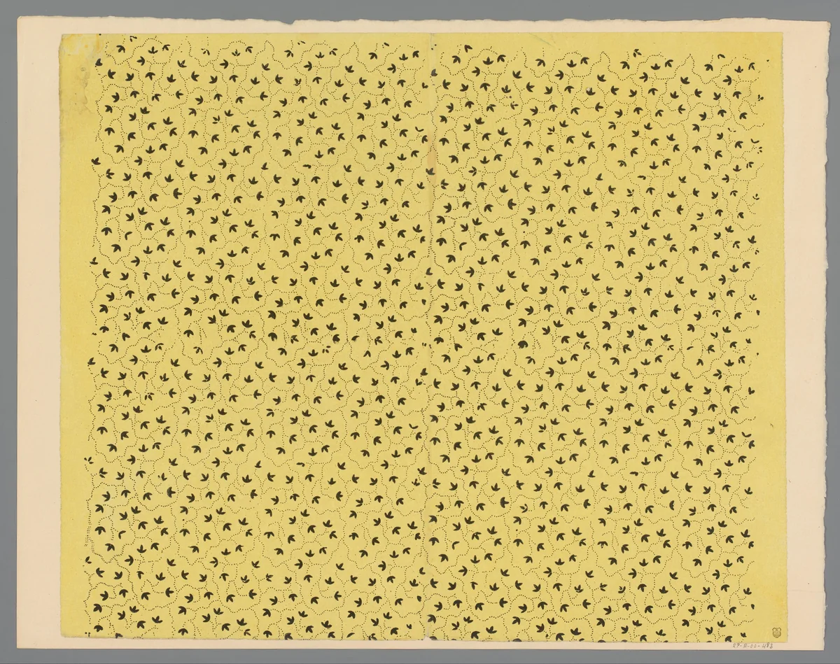 Blad met strooipatroon van bladmotief met kronkelende lijn van punten by anonymous, print, 1800-1900