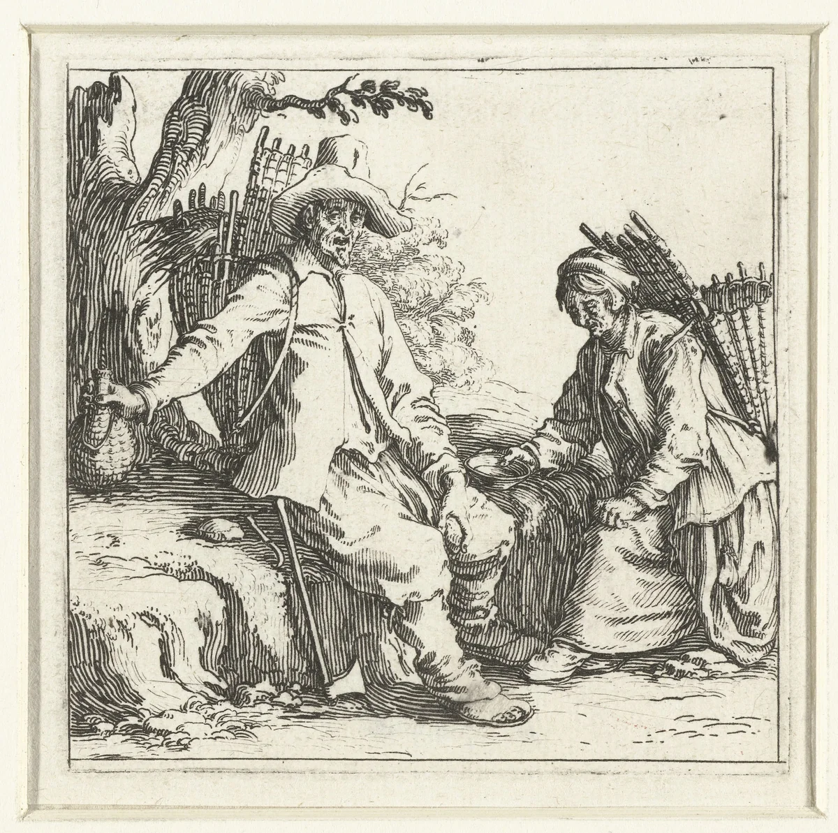 Boer en boerin met manden op de rug by Jacques Callot, print, 1621-1624
