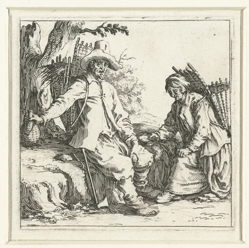 Boer en boerin met manden op de rug by Jacques Callot, print, 1621-1624