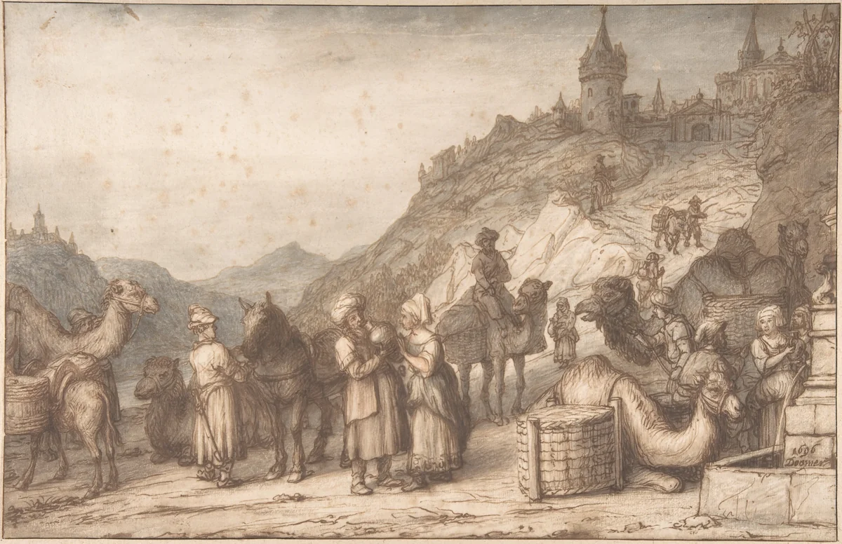 Rebecca and Eliezer at the Well by Lambert Doomer, drawing, 1696