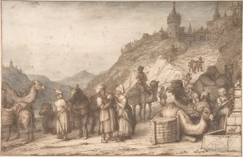 Rebecca and Eliezer at the Well by Lambert Doomer, drawing, 1696