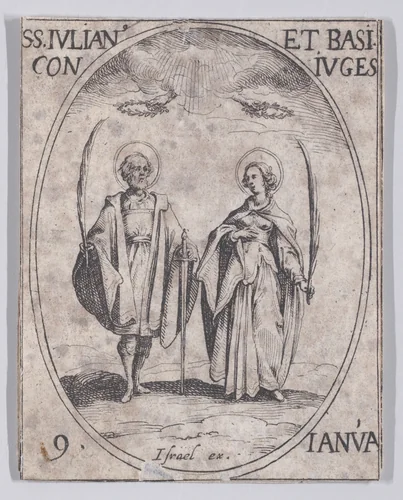 S. Julien et Ste. Basilesse (St. Julian and St. Basilissa), January 9th, from "Les Images De Tous Les Saincts et Saintes de L'Année" (Images of All of the Saints and Feast Days of the Year) by Jacques Callot, print, 1636