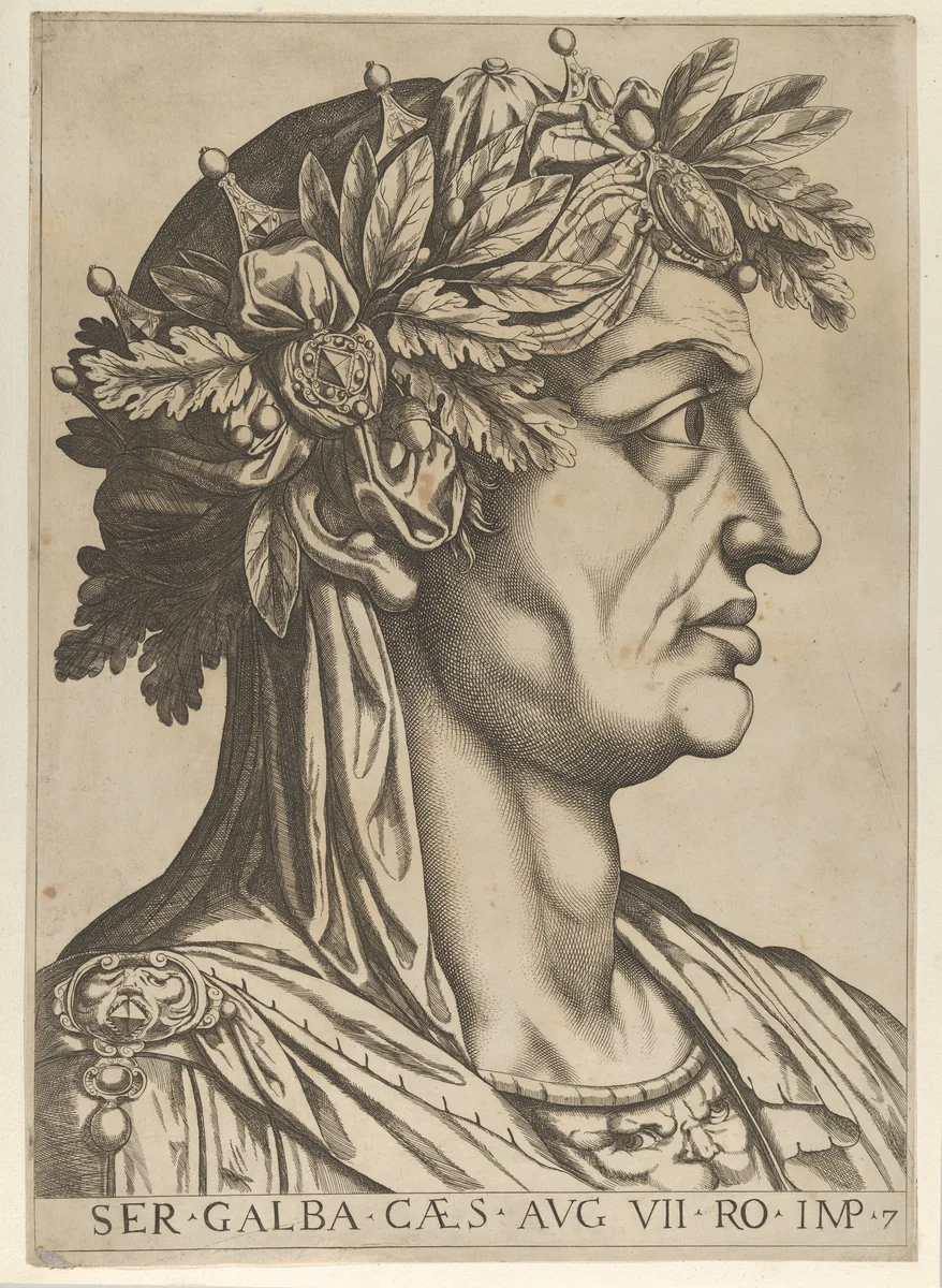 Plate 7: Sergius Galba in profile to the right, from "The Twelve Caesars" by anonymous, print, 1610-1640