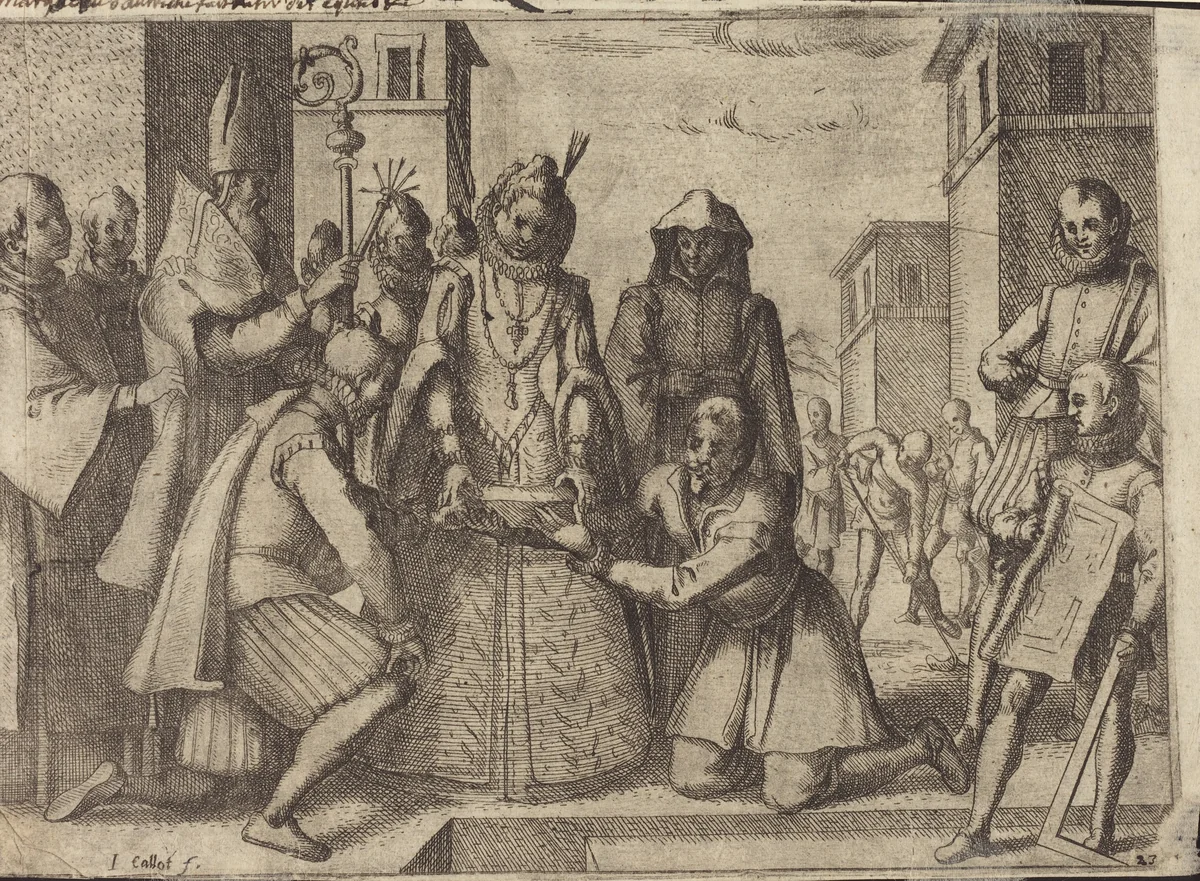 The Queen Laying the First Stone for the Church of the Poor Clares in Spain [verso] by Jacques Callot, print, 1612