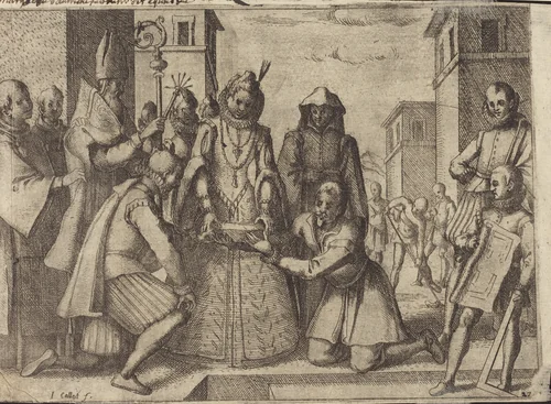 The Queen Laying the First Stone for the Church of the Poor Clares in Spain [verso] by Jacques Callot, print, 1612