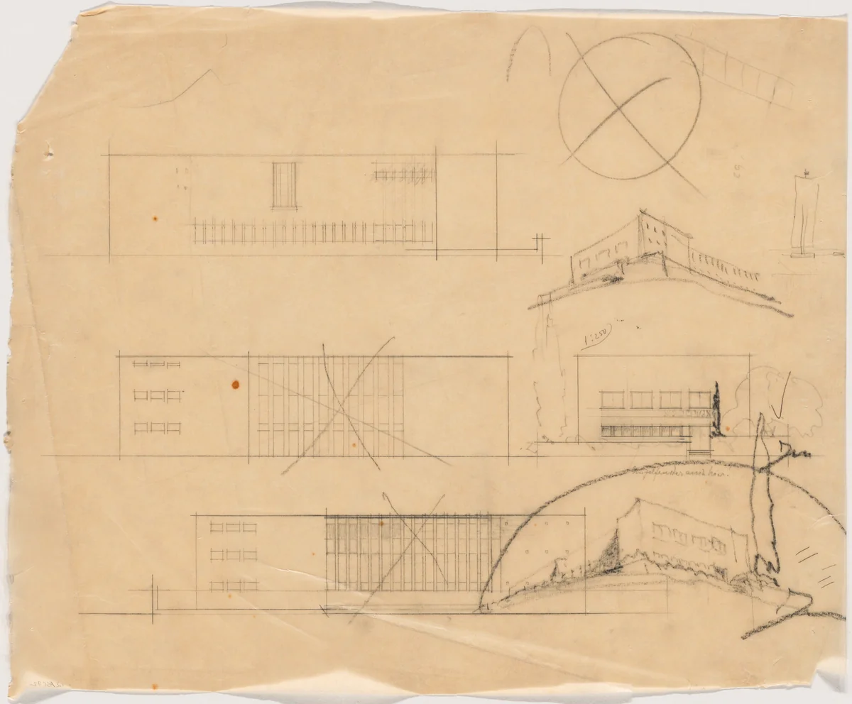 Library and Office Building of Salman Schocken, Jerusalem, Israel, Perspectives and elevation by Erich Mendelsohn, architecture
