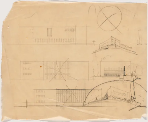 Library and Office Building of Salman Schocken, Jerusalem, Israel, Perspectives and elevation by Erich Mendelsohn, architecture