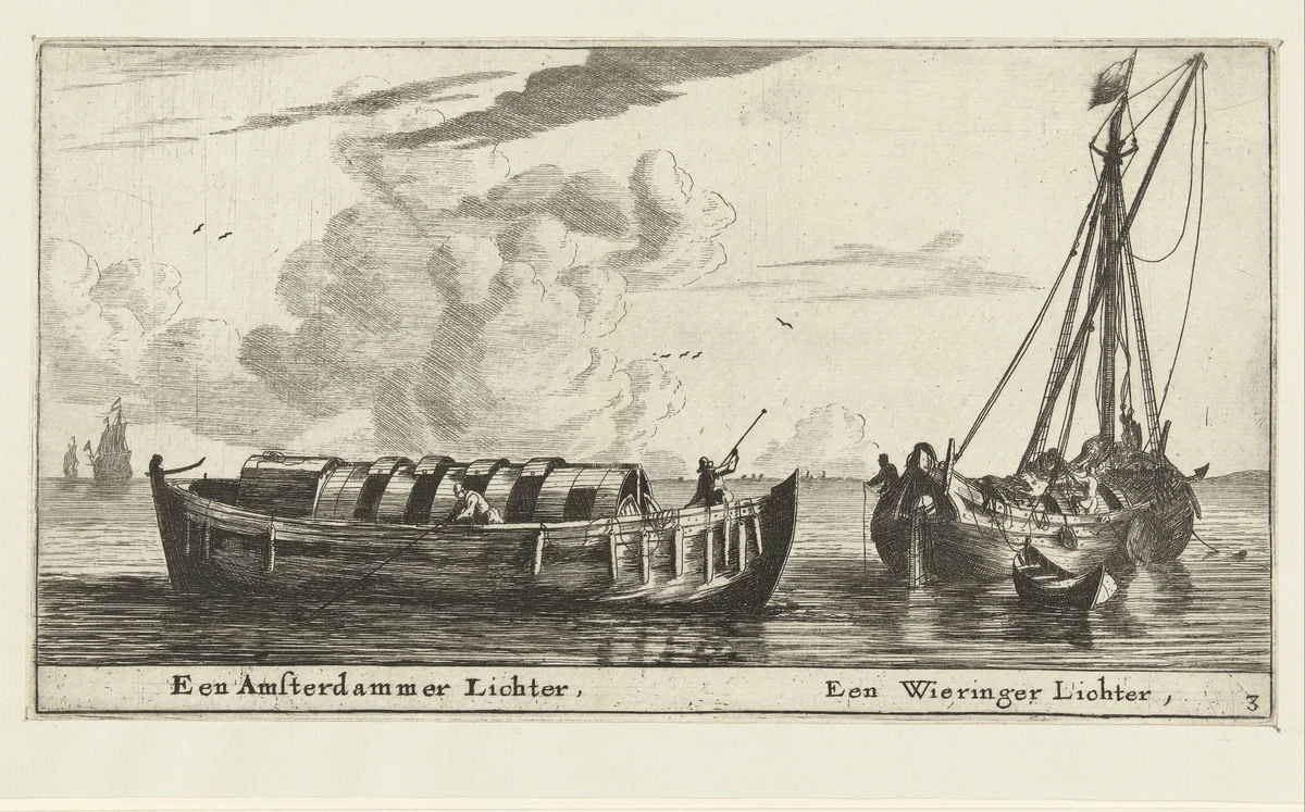 Twee schepen: een Amsterdammer lichter en een Wieringer lichter by Reinier Nooms, print, 1652-1654