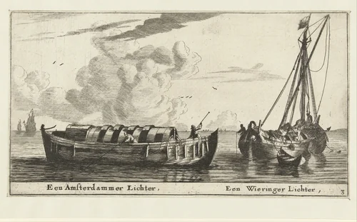 Twee schepen: een Amsterdammer lichter en een Wieringer lichter by Reinier Nooms, print, 1652-1654