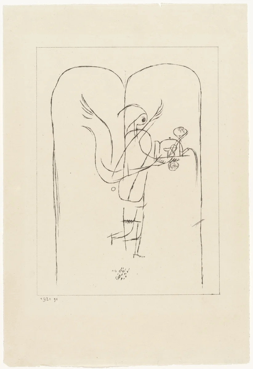 A Guardian Angel Serves a Small Breakfast (Ein Genius serviert ein kleines Frühstück) for the yearbook Die Freude: Blätter einer neuen Gesinnung (Joy: Papers for a New Consciousness) by Paul Klee, print, 1920
