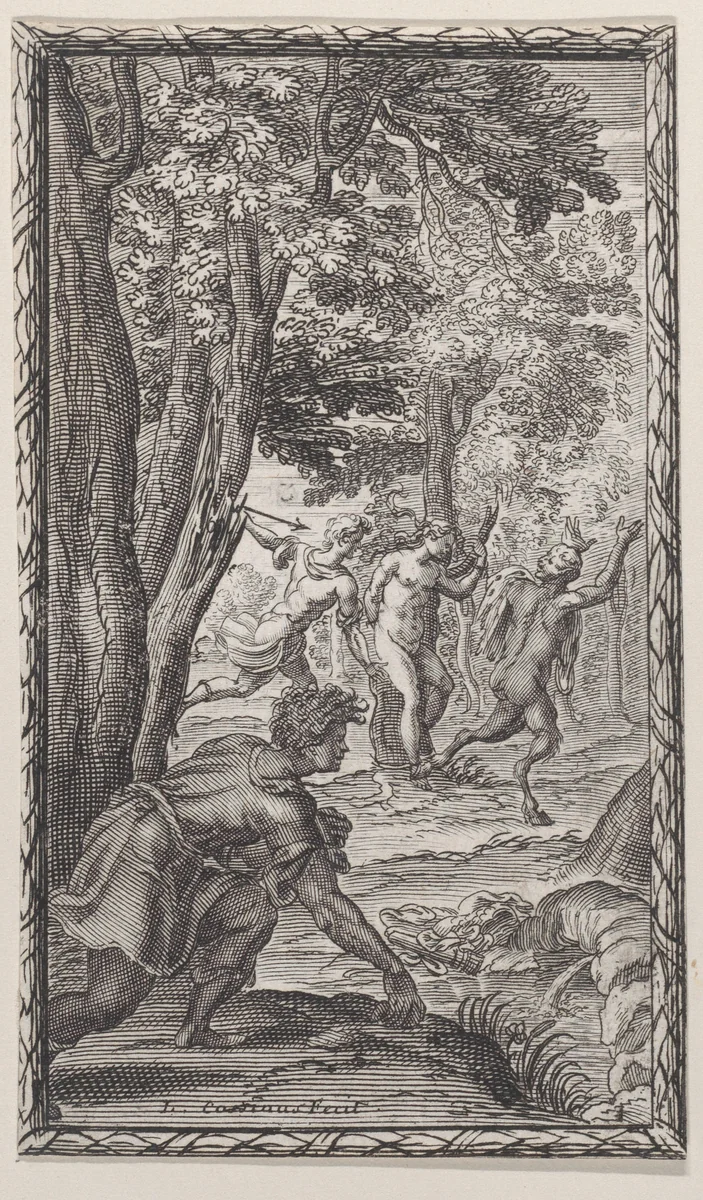 Landscape with a man driving a satyr away from a nymph bound to a tree by Louis Cossin, print, 1650-1704