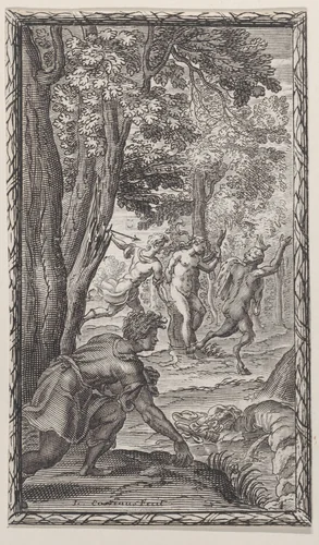 Landscape with a man driving a satyr away from a nymph bound to a tree by Louis Cossin, print, 1650-1704