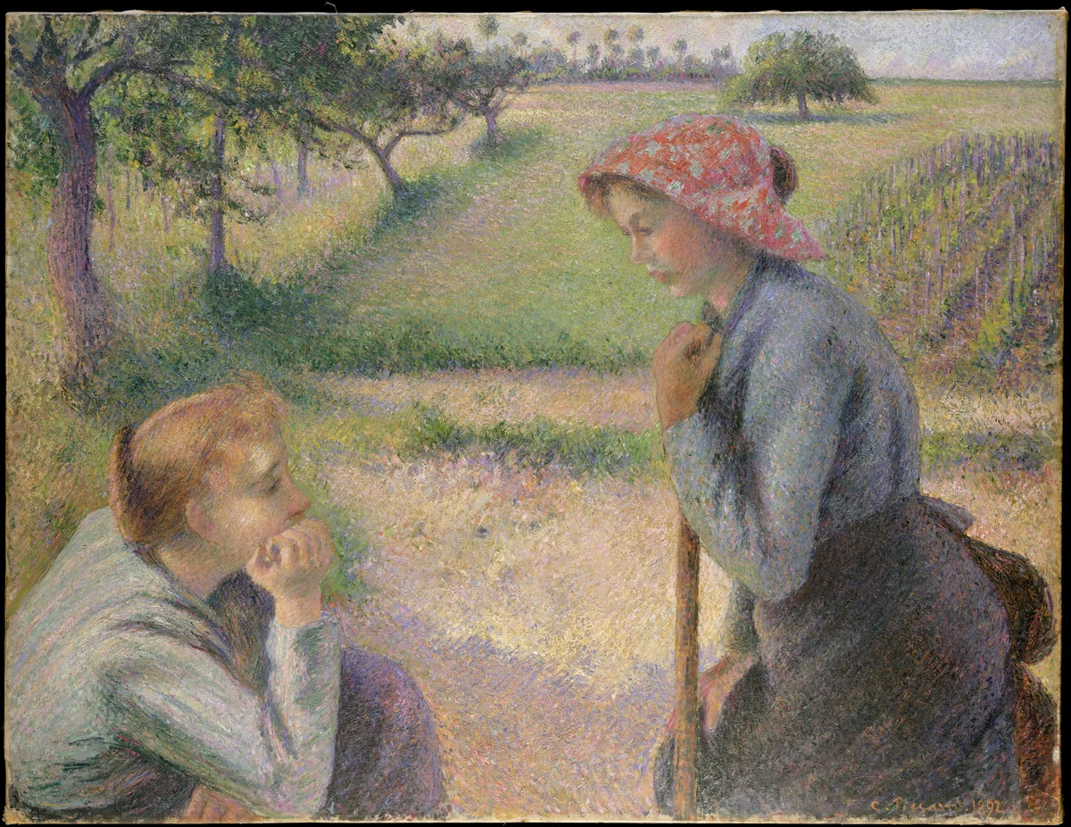 Two Young Peasant Women by Camille Pissarro, painting, 1891-1892