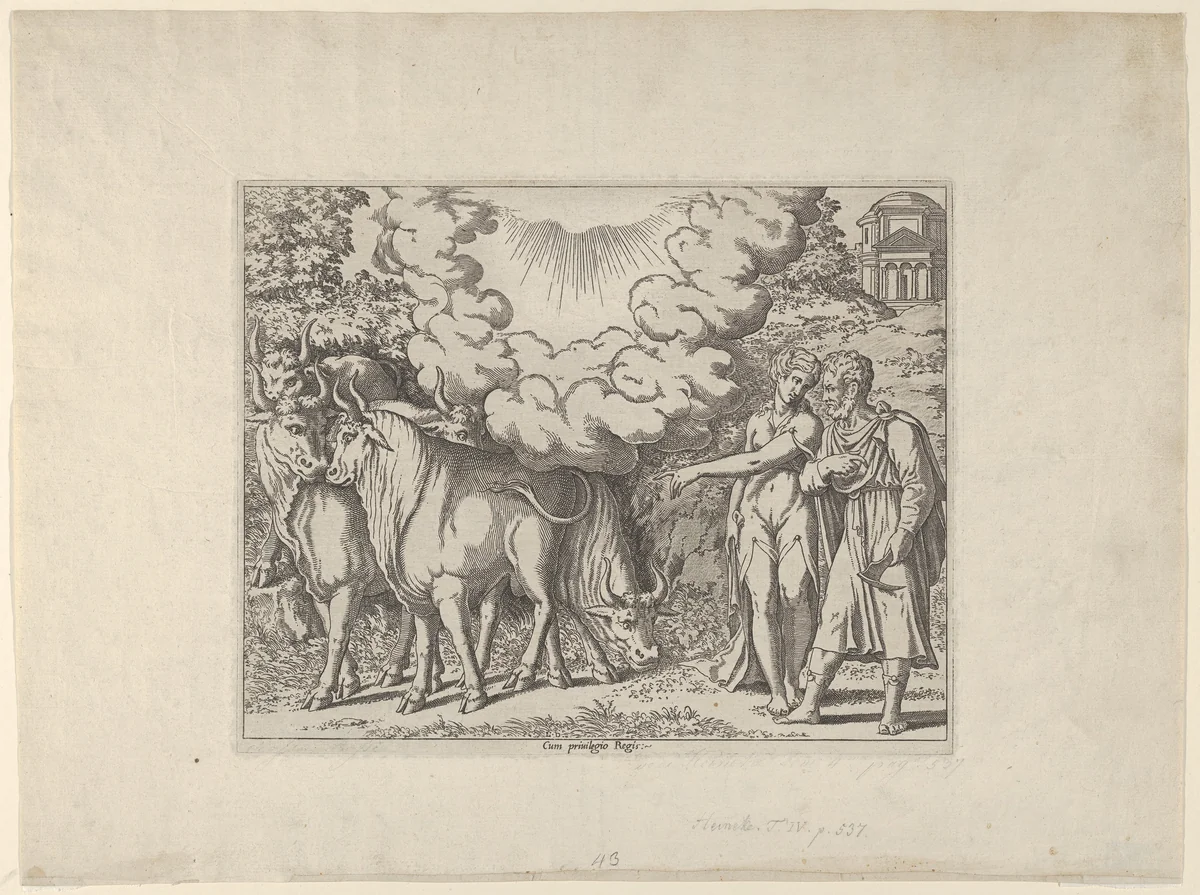 A Woman Showing Bulls to a Man by Léon Davent, print, 1535-1550
