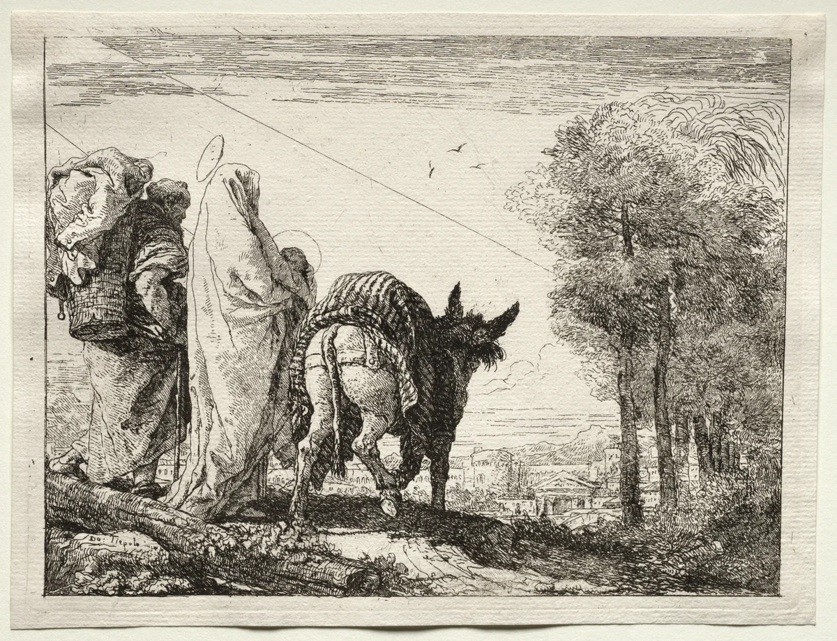 Flight into Egypt: The Holy Family Approaching a Village by Giovanni Domenico Tiepolo, print, 1745-1758