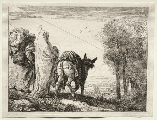 Flight into Egypt: The Holy Family Approaching a Village by Giovanni Domenico Tiepolo, print, 1745-1758
