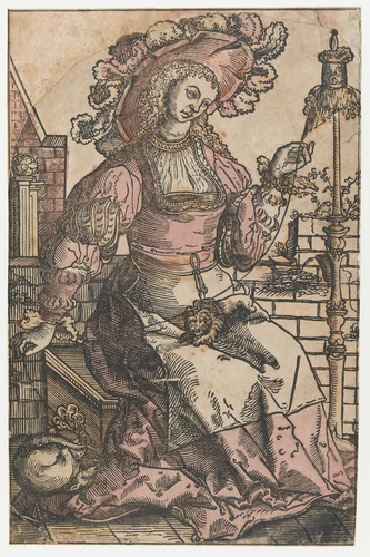 Spinnende vrouw by Unknown, print, 1500-1599
