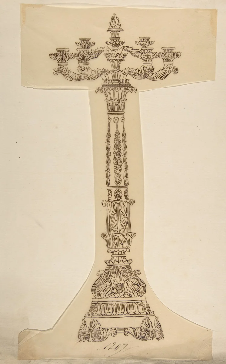 Design for a Six Arm Candelabra by anonymous, drawing, 1800-1899
