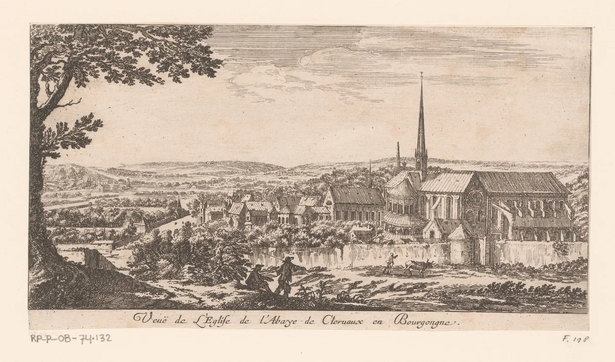 Gezicht op de kerk van de abdij van Clairvaux by Israël Silvestre, print, 1631-1691
