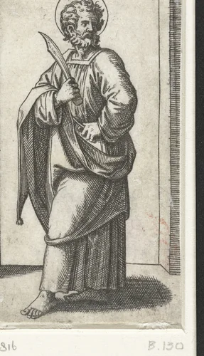 Apostel Bartolomeüs met mes by Marcantonio Raimondi, print, 1517-1527