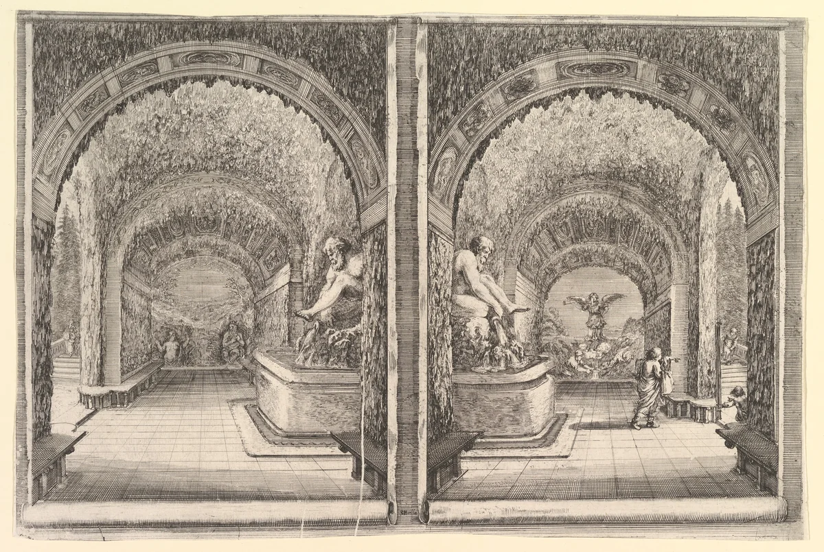 Two views of a grotto, from "Views of the villa at Pratolino" (Vues de la villa de Pratolino) by Stefano della Bella, print, 1648-1658