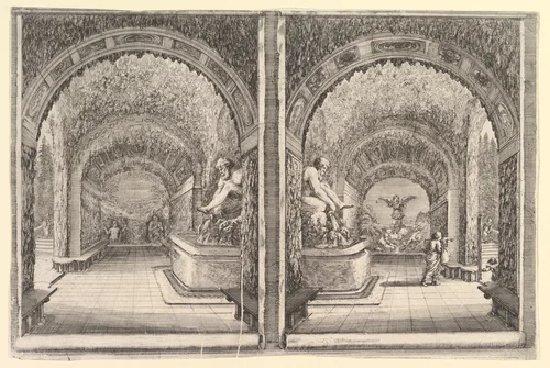 Two views of a grotto, from "Views of the villa at Pratolino" (Vues de la villa de Pratolino) by Stefano della Bella, print, 1648-1658