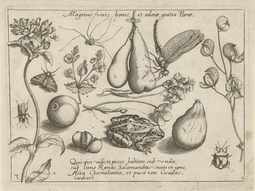 Dieren, bloemen en vruchten rond hangende peren by Jacob Hoefnagel, print, 1592